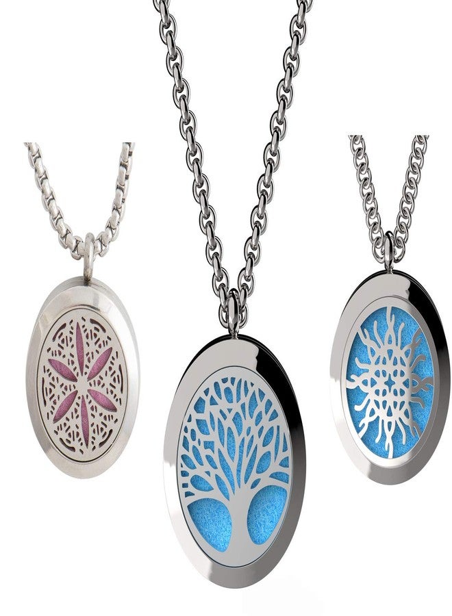 mEssentials Wild Essentials 3 Pack Necklace Set, Tree of Life, Flower of Life, Love Knot Essential Oil Diffuser Necklace Stainless Steel Locket Pendants with 24" Chains, 36 Refill Pads, Color Changing Jewelry - Image 1